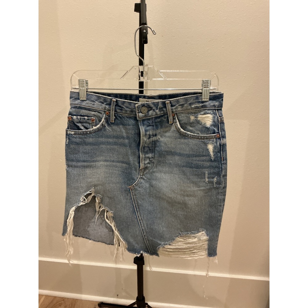 GRLFRND Rhoda Distressed Denim Mini Skirt Light Wash Raw Hem Size 26